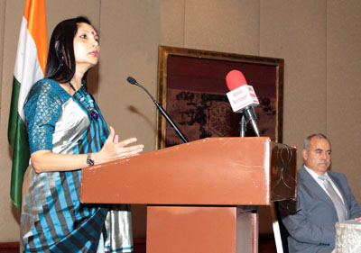 India’s Ambassador to Jordan Shubhdarshini Tripathi speaks at an event to mark Indian Technical and Economic Cooperation Day in Amman on Thursday (Photo by Hassan Tamimi)
